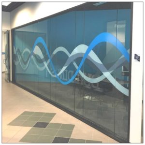 corporate hallway decor graphics on glass wall